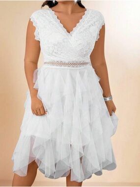 SHEIN White Lace Bodice High-Low Tulle Dress